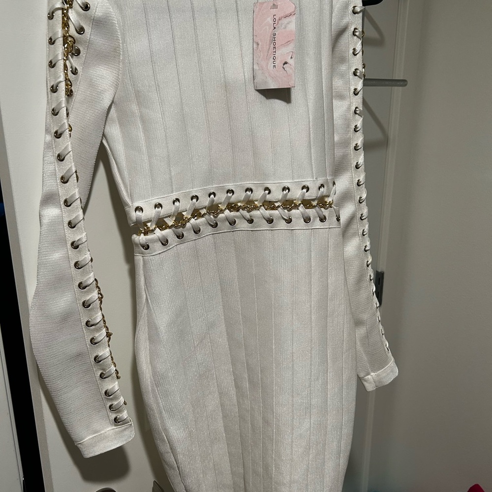 Miss Lola White Long Sleeve Dress with Gold Accents